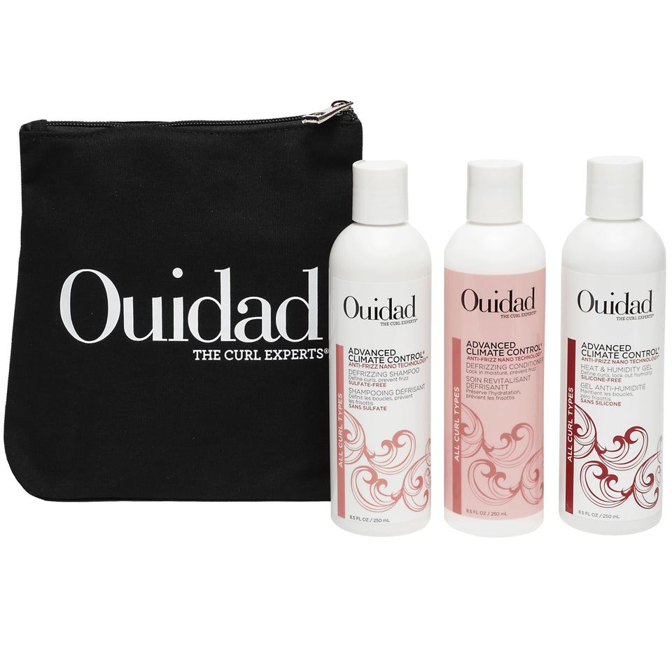 Ouidad kit front packaging showing bottles and canvas bag for organized travel