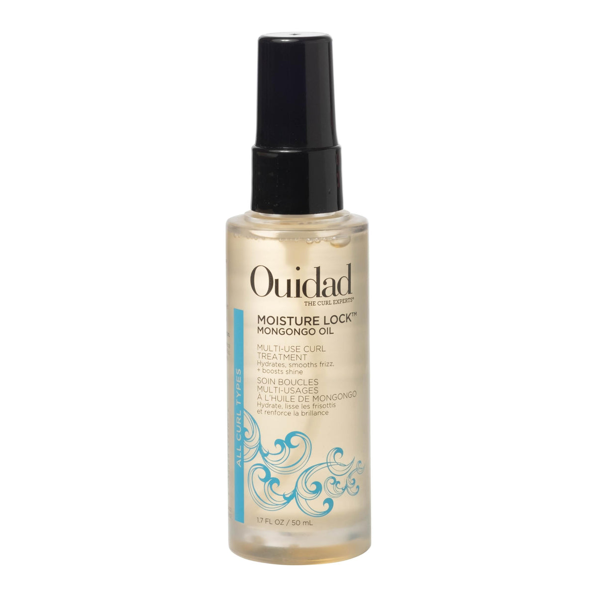 Ouidad front packaging of Mongongo Hair Oil showing label and bottle, clear product information