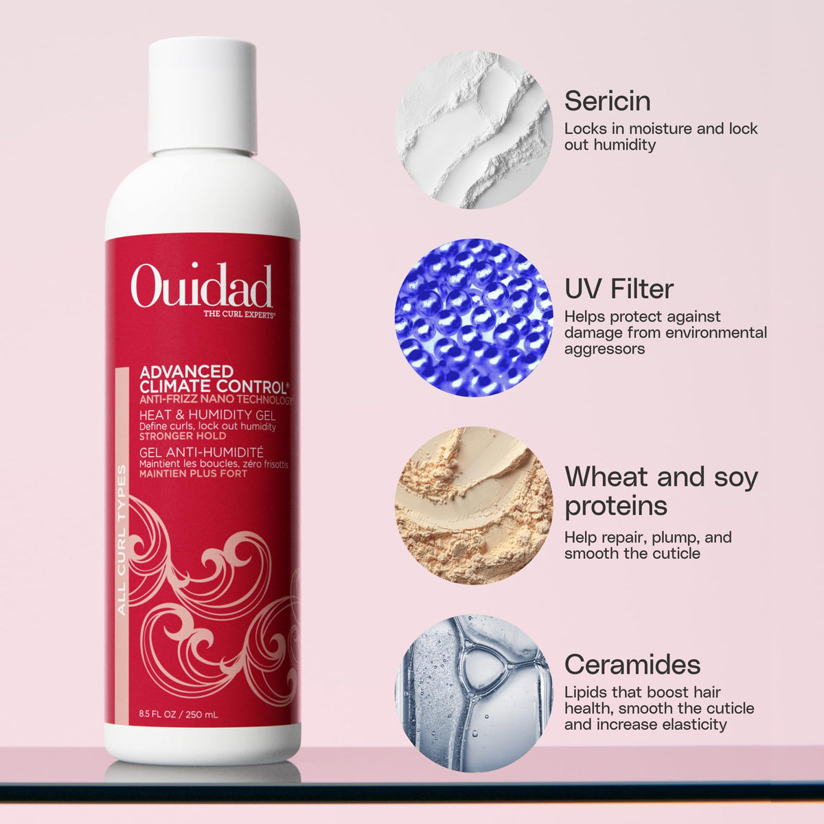 Ouidad gel texture on palm highlighting lightweight, nonsticky consistency