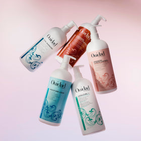 Ouidad on bathroom shelf lifestyle image showing salon-quality curl care