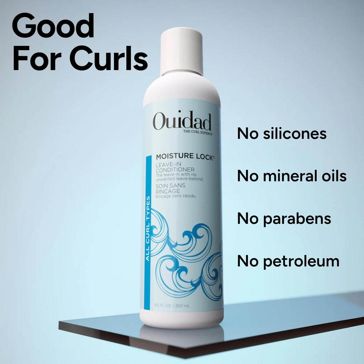 Ouidad bottle on bathroom shelf in styling routine lifestyle benefit