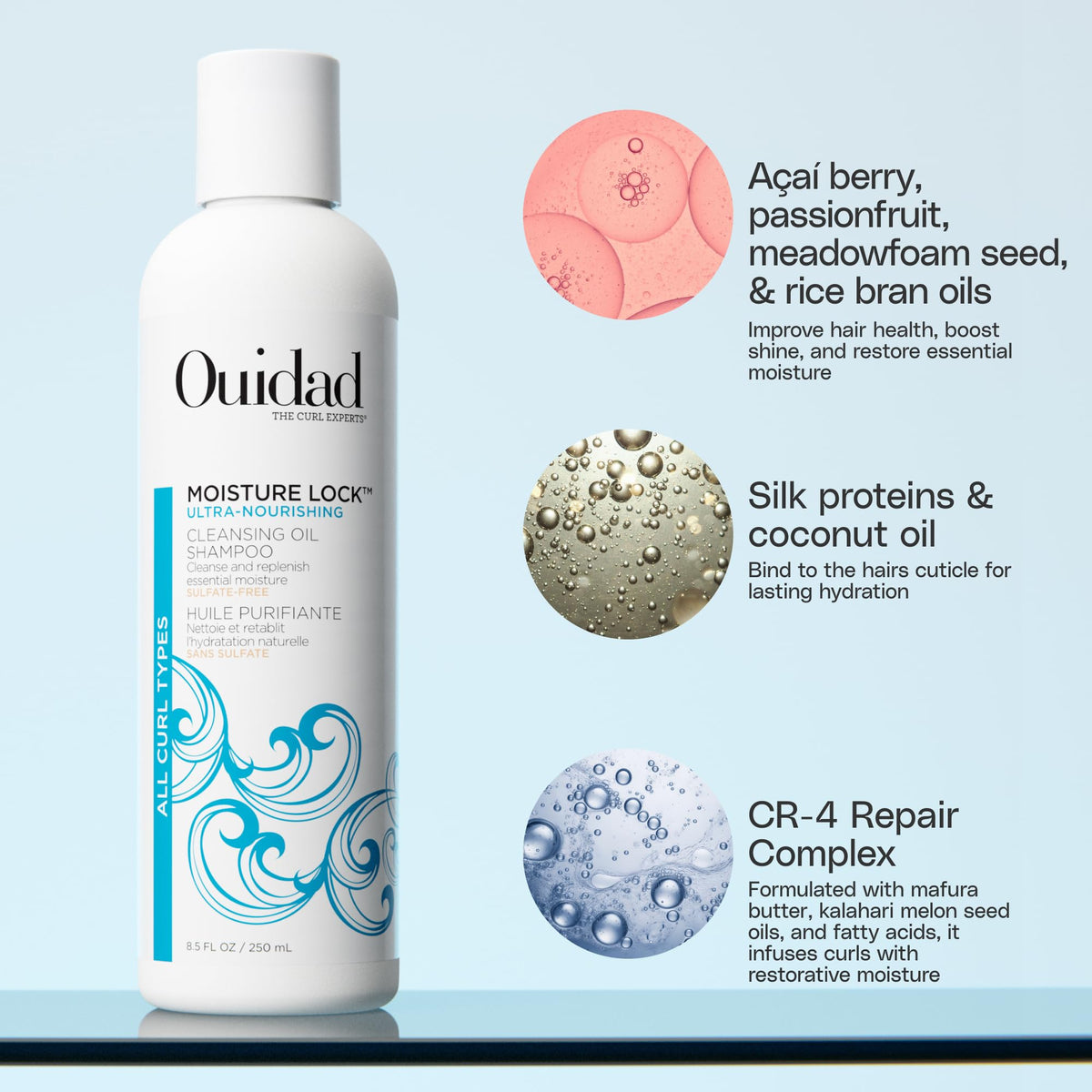 Ouidad shampoo texture on hand demonstrating lightweight oil hydration