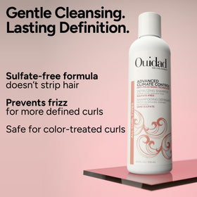 Ouidad dispensing shampoo from pump demonstrating controlled use and less waste