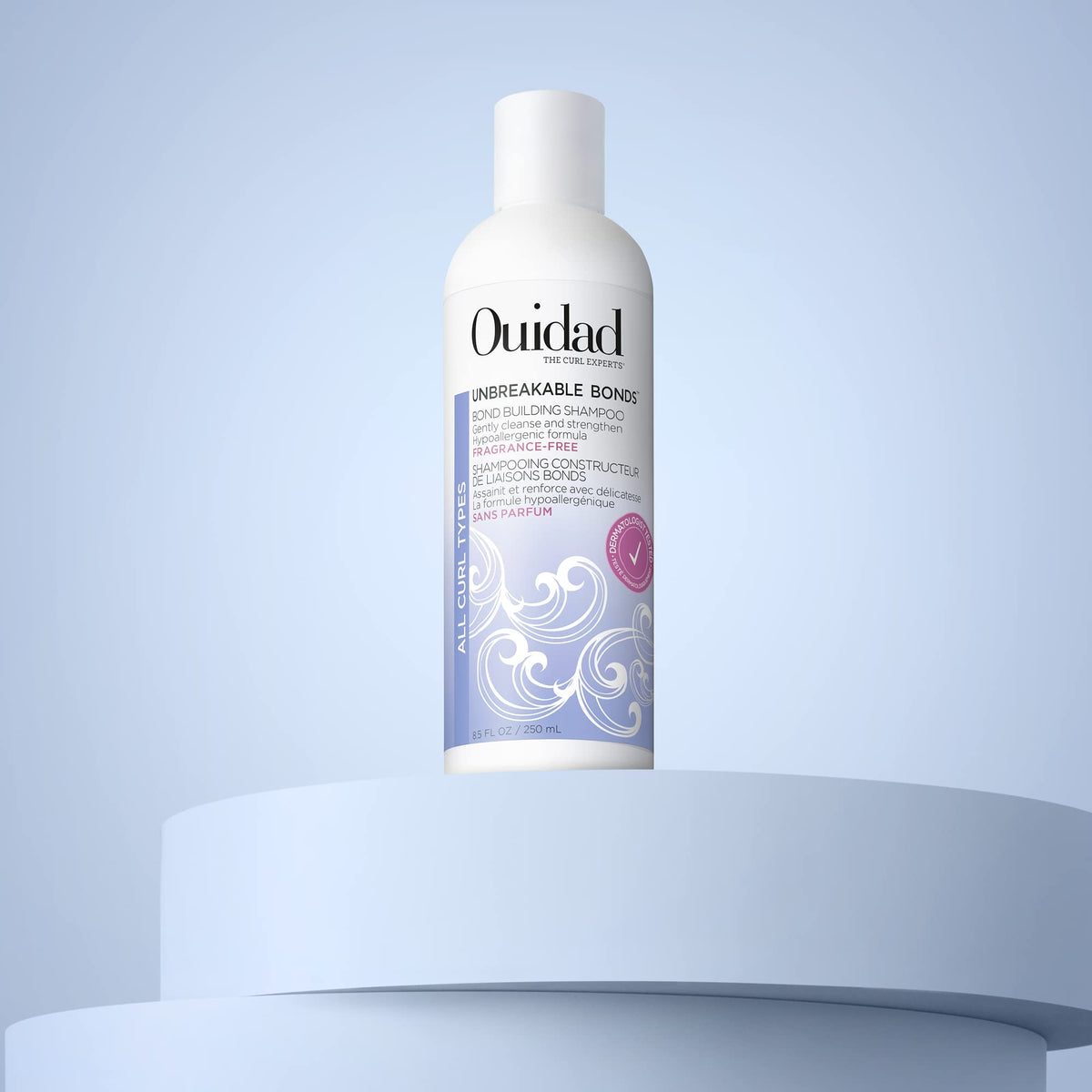 Ouidad shampoo in bright bathroom lifestyle image for sensitive-scalp friendly routine