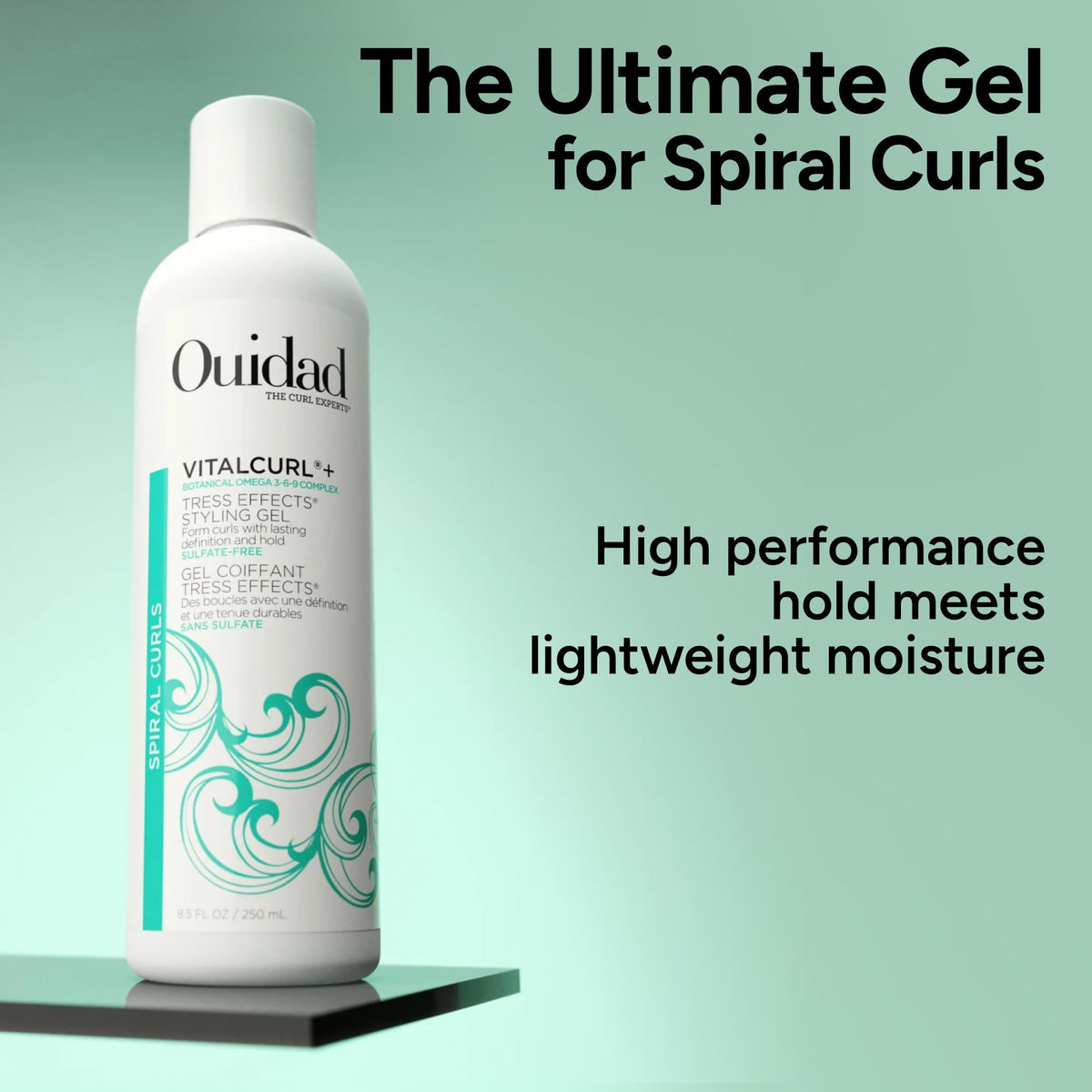 Ouidad bottle next to a ruler illustrating the 8.5 fl oz size and portability