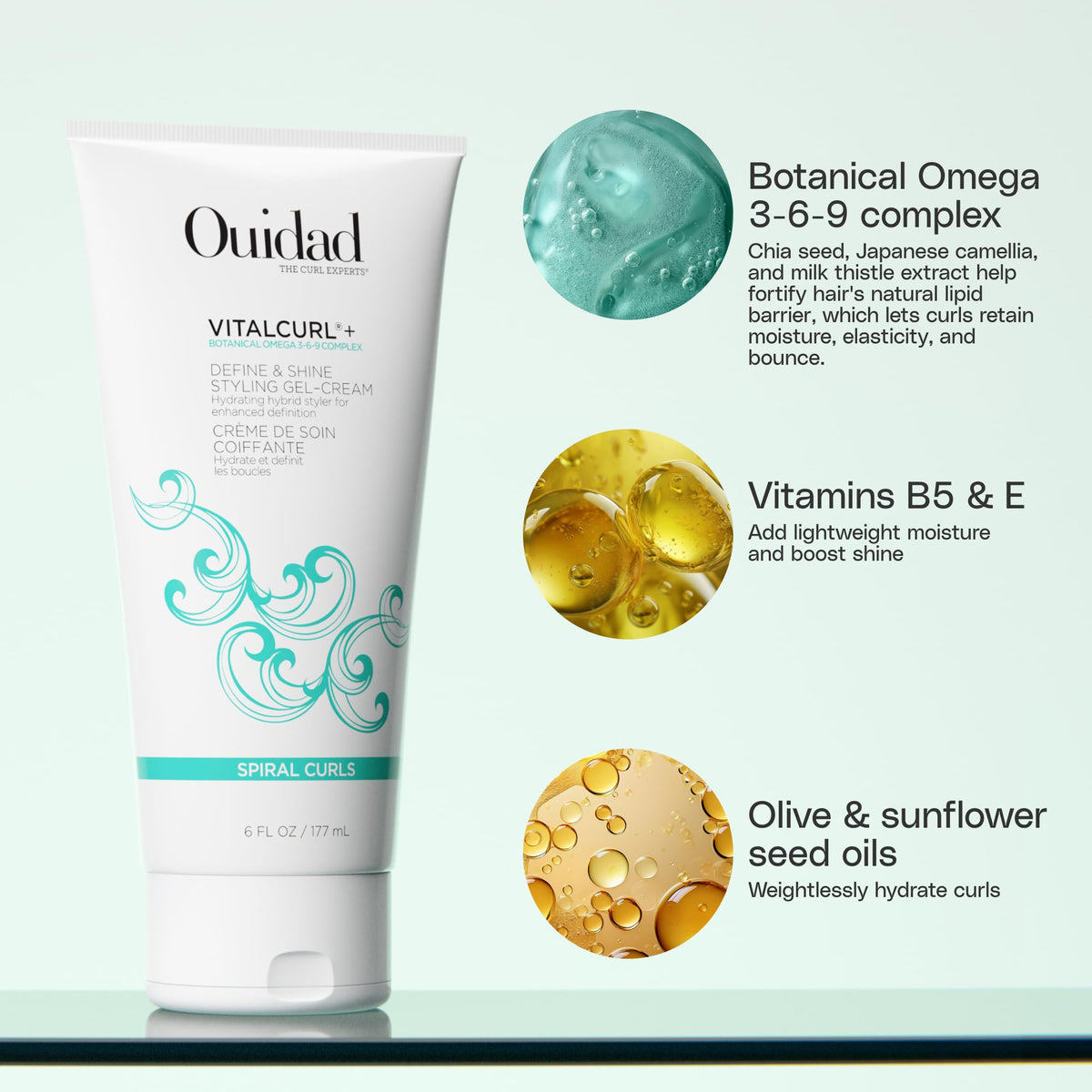 Ouidad VitalCurl+ cream-gel texture on hand, demonstrating lightweight glide