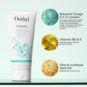 Ouidad VitalCurl+ cream-gel texture on hand, demonstrating lightweight glide