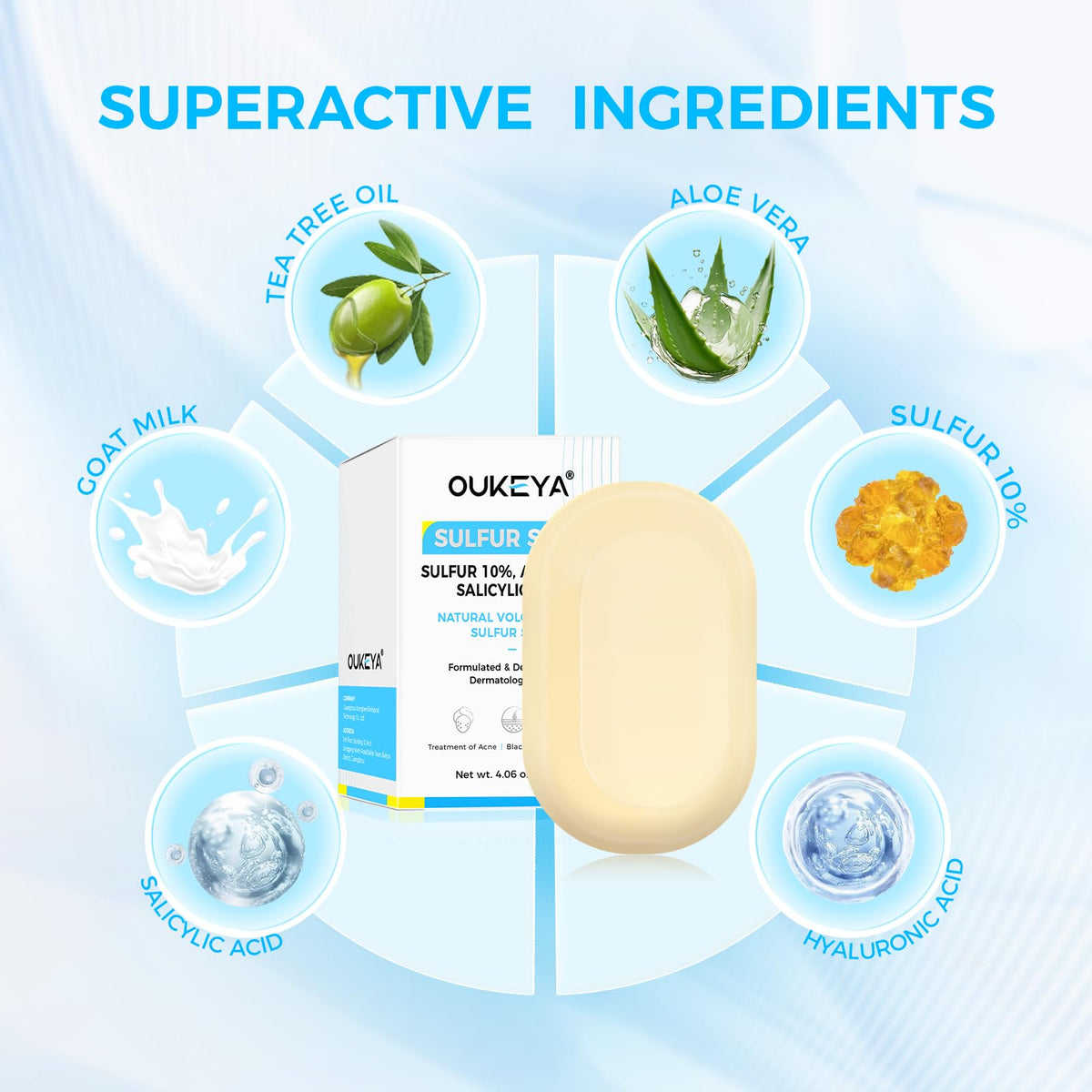 OUKEYA close-up soap texture highlighting micronized sulfur clarity
