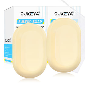 OUKEYA front packaging showing two sulfur soap bars and benefits
