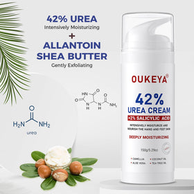 OUKEYA close-up of ingredient panel highlighting urea 42% and salicylic acid 2% benefits