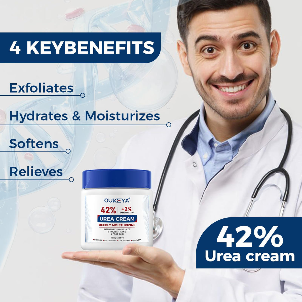 OUKEYA ingredients label highlighting urea 42% and salicylic acid 2%