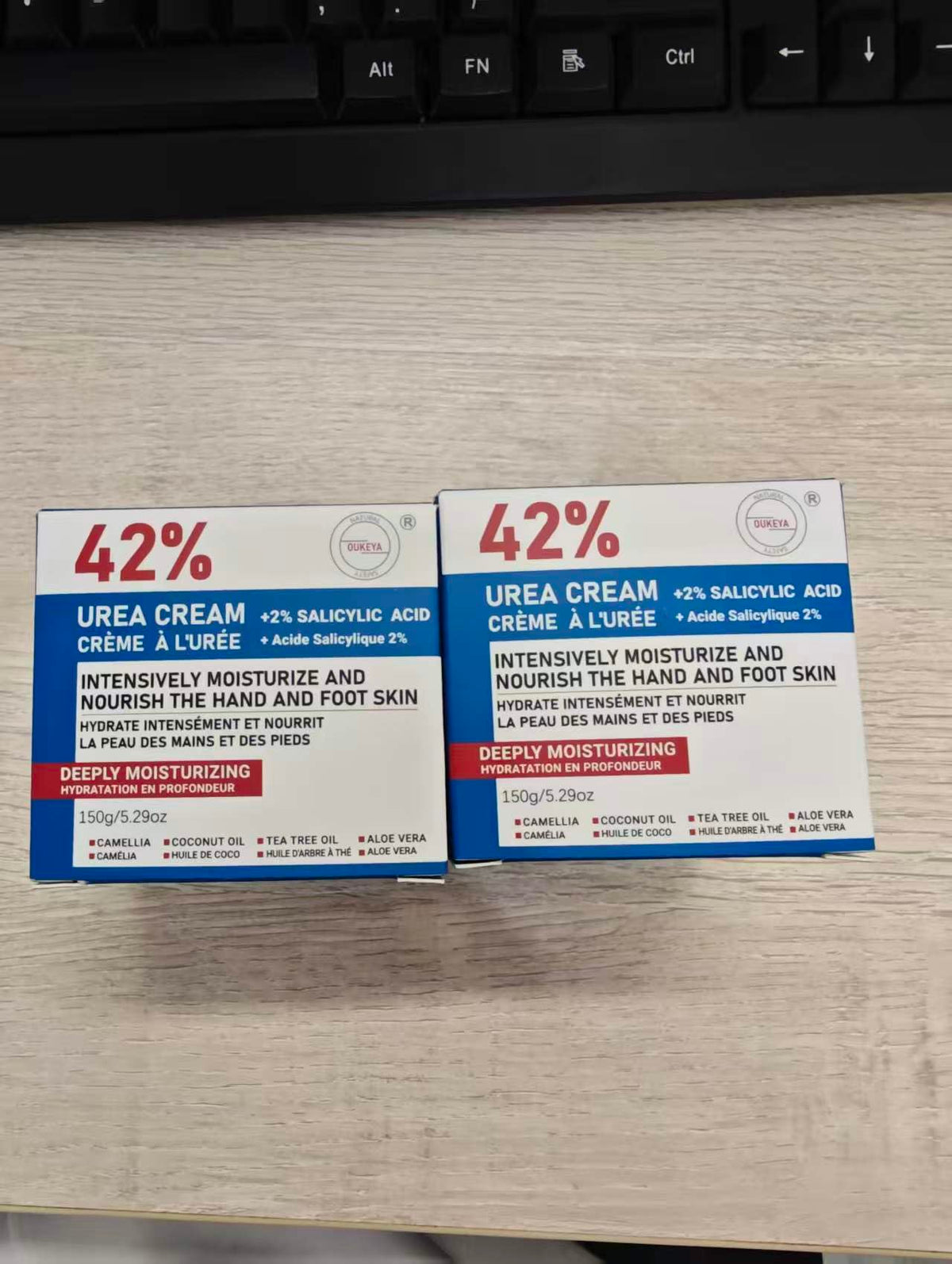 OUKEYA two-pack flatlay demonstrating value pack for ongoing treatment
