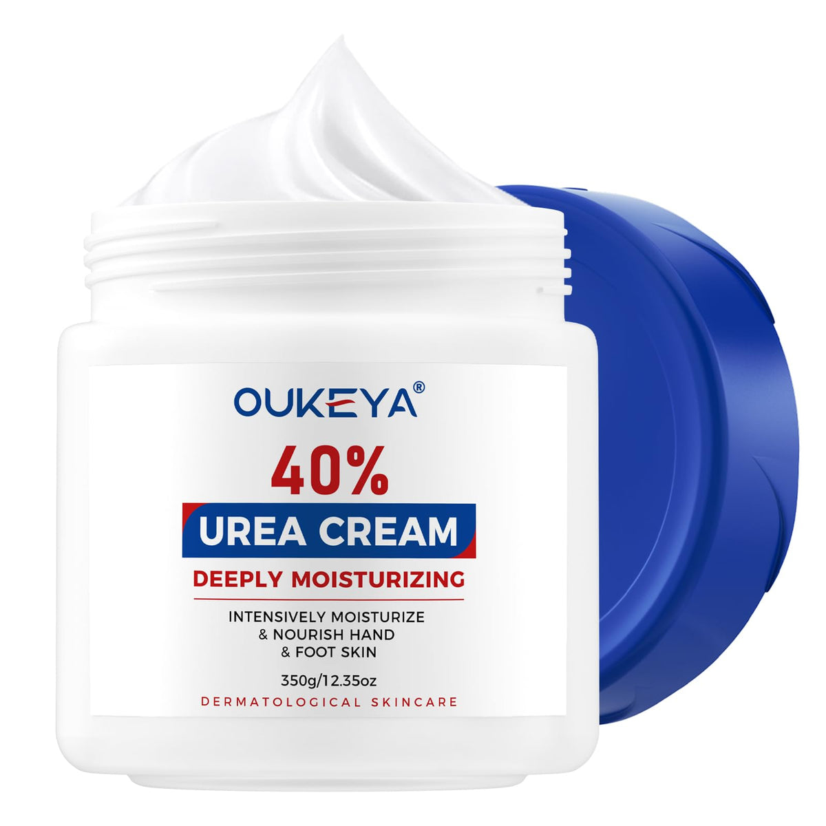 OUKEYA tub front view showing label and 12.35oz size, clear product benefits