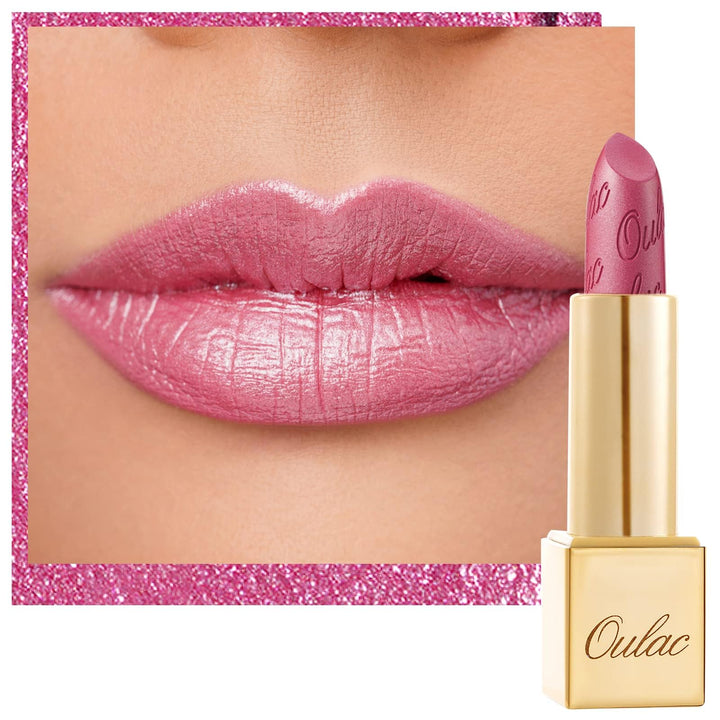 Oulac front packaging showing pink metallic lipstick and luxury look