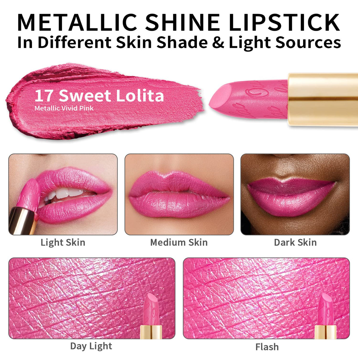 Oulac lipstick texture close-up highlighting creamy, non-grainy metallic finish