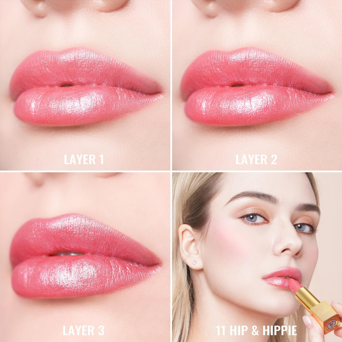 Oulac lipstick applied on model smile demonstrating high-impact shine