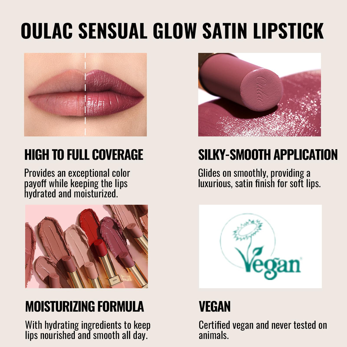 Oulac lipstick tube label and cap showing brand and clean-beauty credentials