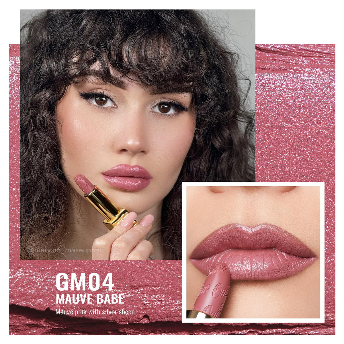 Oulac on lips demonstrating mauve-pink glow and flattering tone