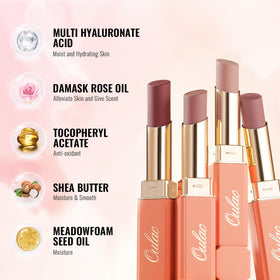 Oulac applied to lips illustrating satin-matte finish and flattering color