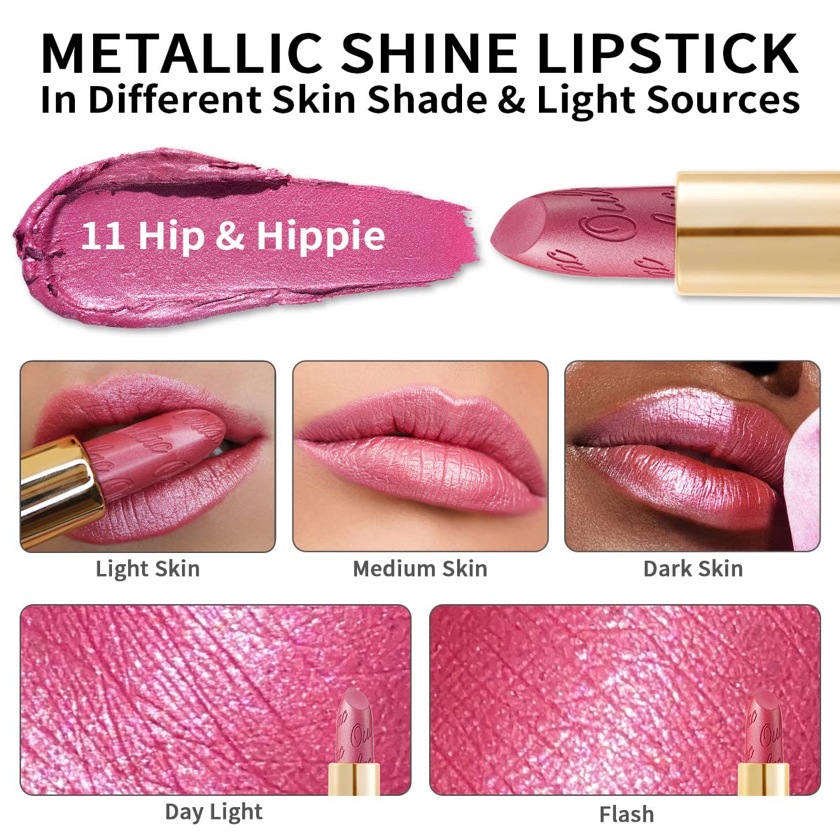 Oulac swatches on arm showing buildable pink metallic color