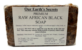 Our Earth's Secrets front block showing raw soap texture and natural cleansing