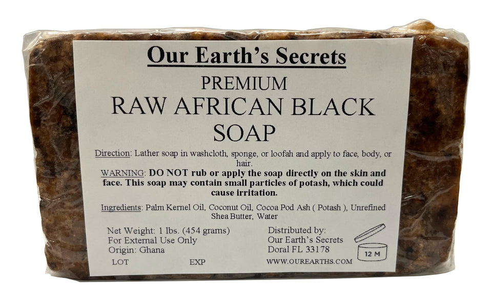 Our Earth's Secrets front block showing raw soap texture and natural cleansing