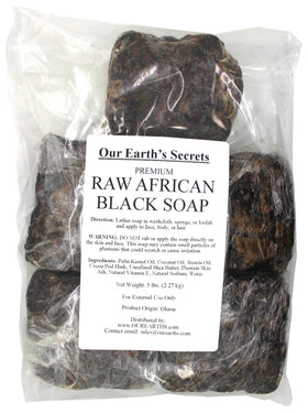 Our Earth's Secrets front view of 5 lb raw African black soap showing label and bulk size, natural supply benefit