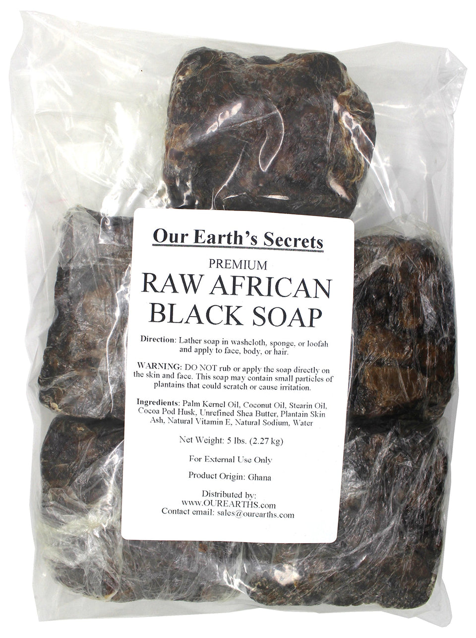 Our Earth's Secrets front view of 5 lb raw African black soap showing label and bulk size, natural supply benefit