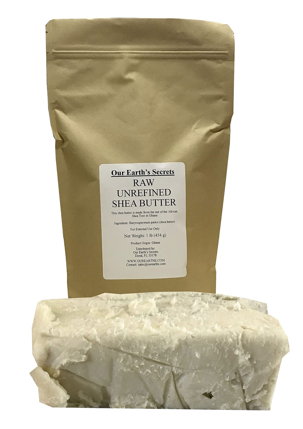 Our Earth's Secrets front block showing product packaging and whole 1 lb block benefit natural base