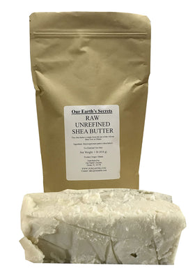 Our Earth's Secrets front block showing product packaging and whole 1 lb block benefit natural base