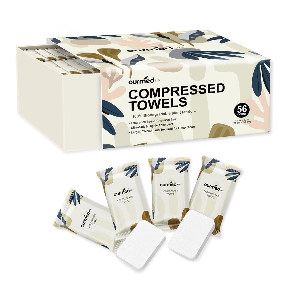 ourmed life front packaging showing 56-count travel towels, compact and portable