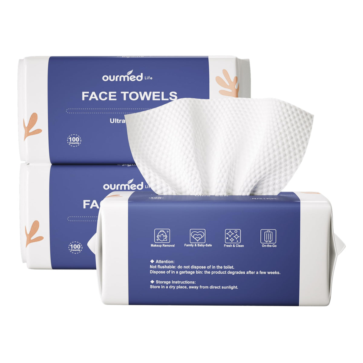 ourmed life front packaging showing 300-count biodegradable towels for convenience