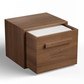 ourmed life walnut box front view showing elegant storage and tidy towels