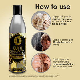 OURO shampoo in bathroom setting with towel, conveys at-home salon-grade benefit