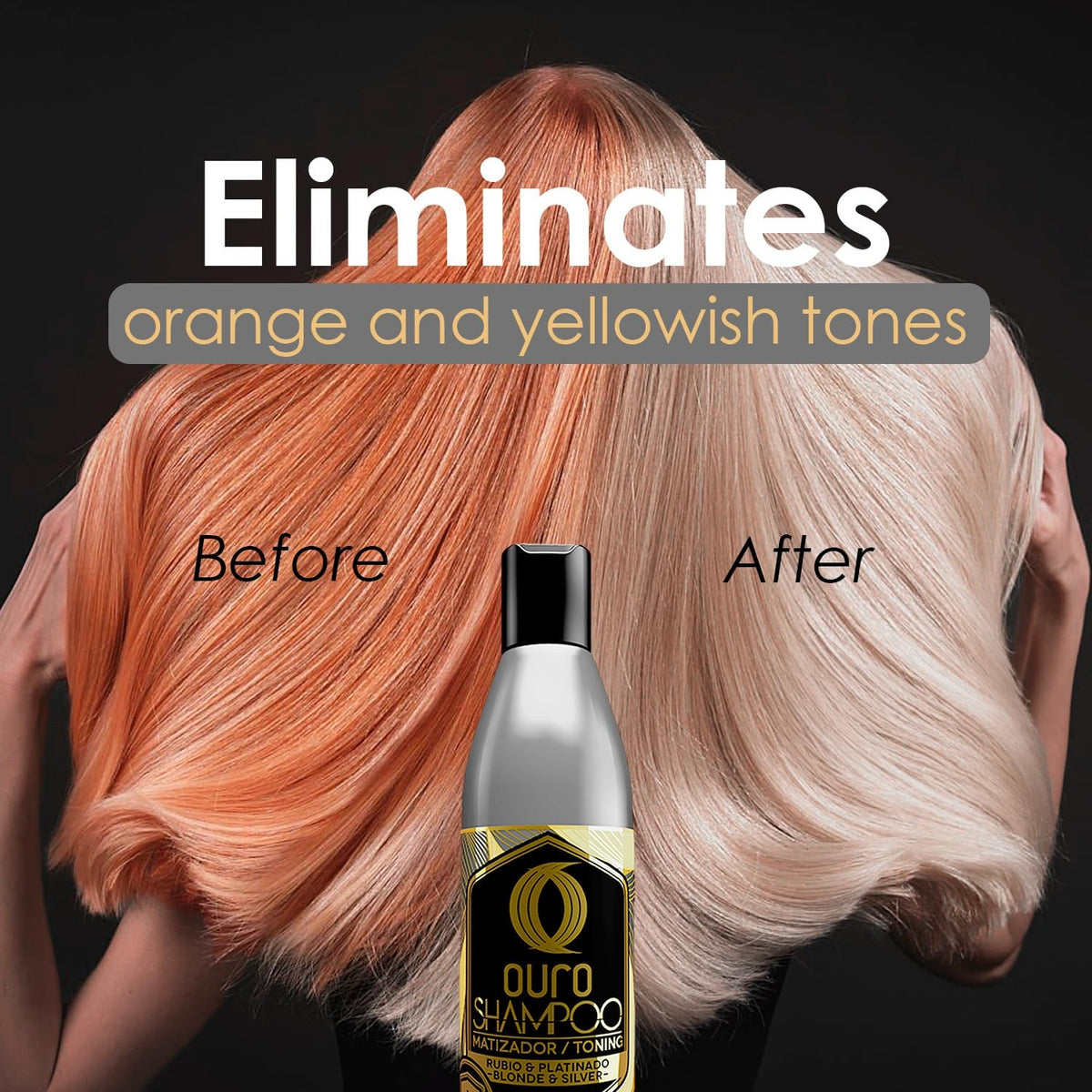 OURO shampoo lather on hair demonstrating toning action and brassiness reduction