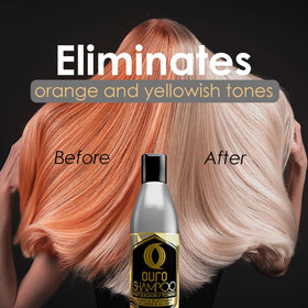 OURO shampoo lather on hair demonstrating toning action and brassiness reduction