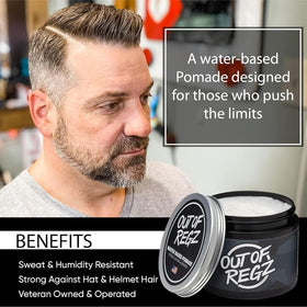 Out of Regz pomade on hand demonstrating easy application and smooth control