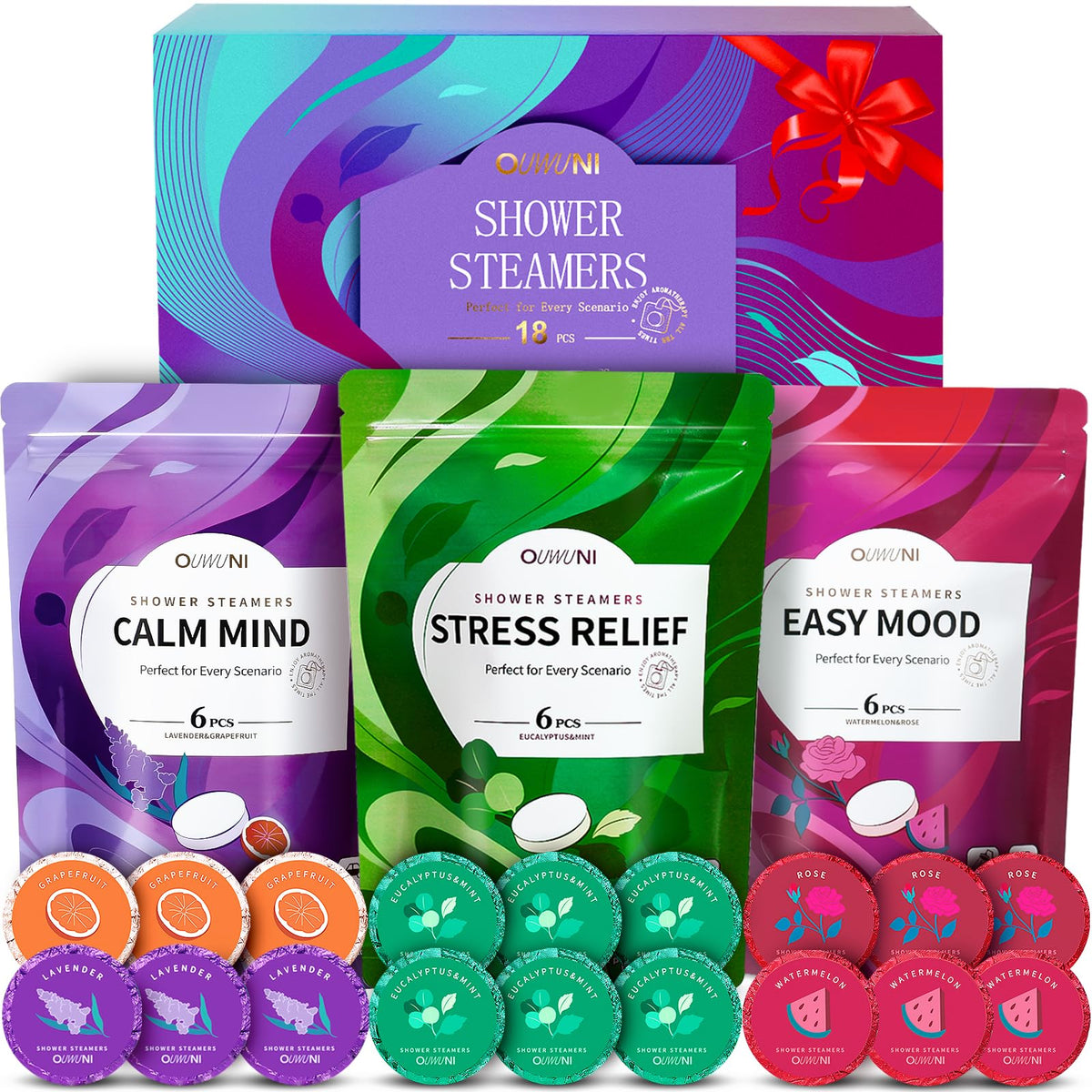 Ouwuni front packaging showing 18-pack and scent labels for easy selection