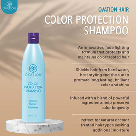 Ovation Hair bottle with avocado and rice bran highlighting natural ingredients