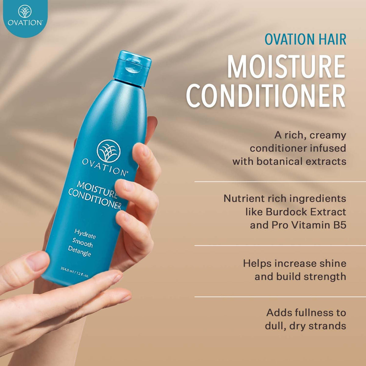 Ovation Hair conditioner on bathroom shelf in use demonstrating everyday styling ease