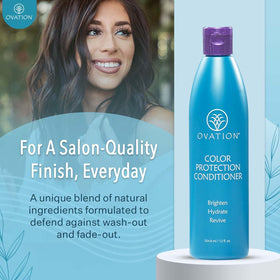 Ovation Hair pouring conditioner onto hand demonstrating easy application