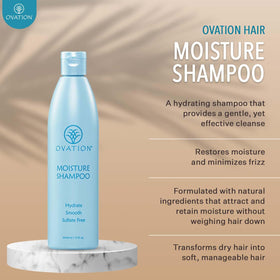 Ovation Hair shampoo being used in shower for frizz control and softness