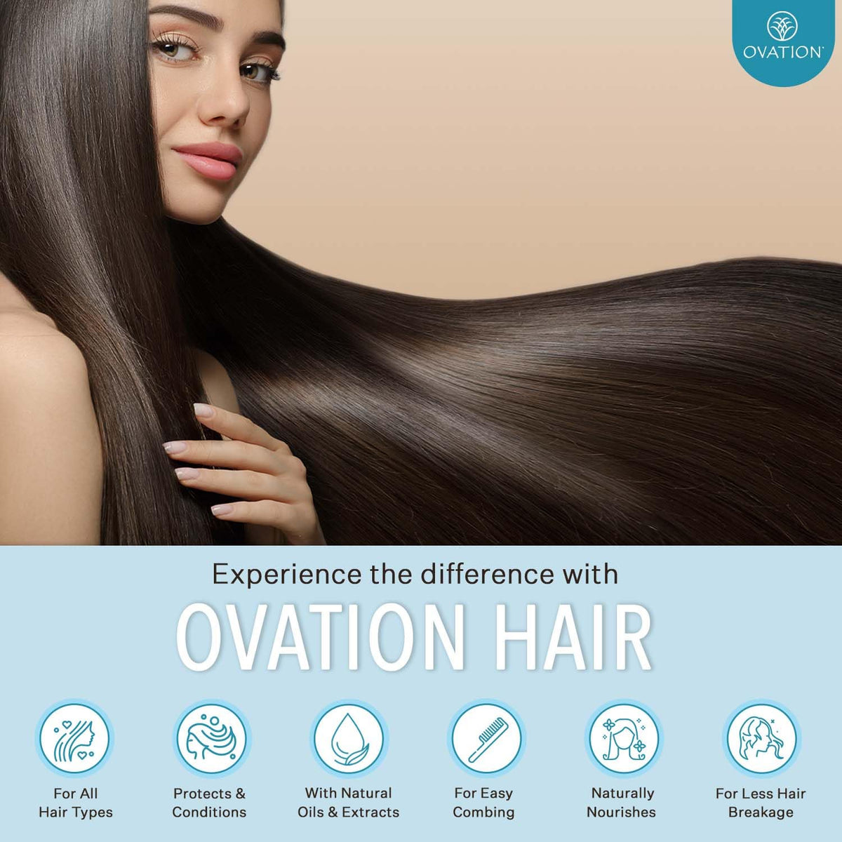 Ovation Hair bottle in hand showing 12 oz scale and travel convenience