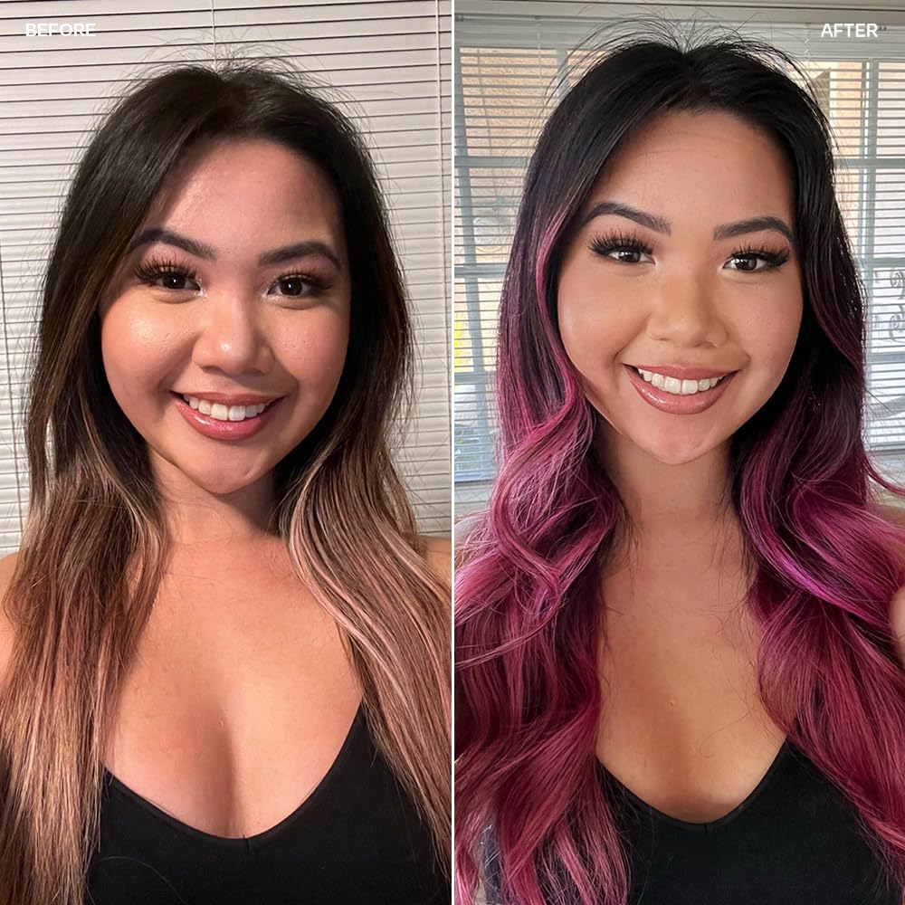 oVertone before and after swatch showing richer magenta tone result