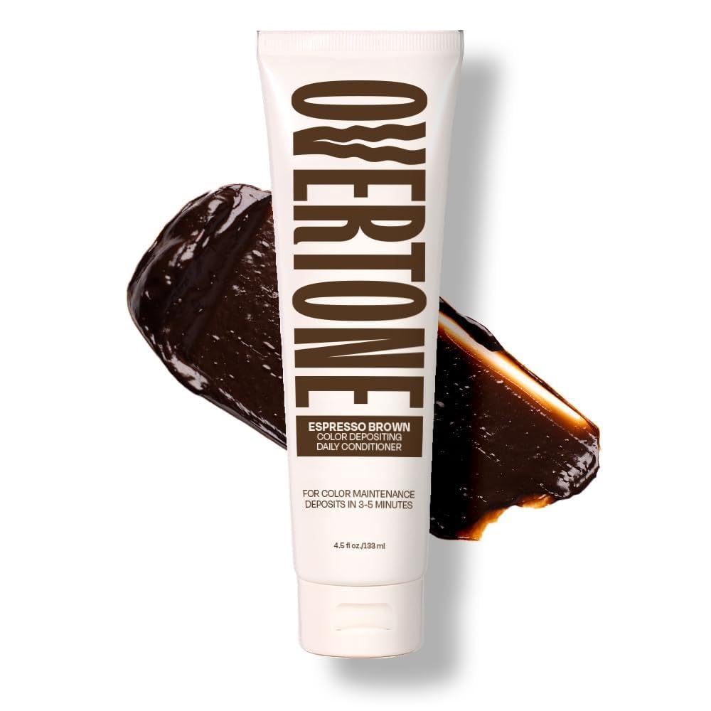 oVertone front packaging showing Espresso Brown bottle and brand benefit