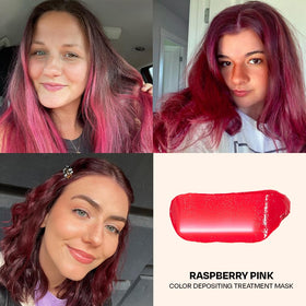 oVertone before and after on dark hair showing subtle pink sheen