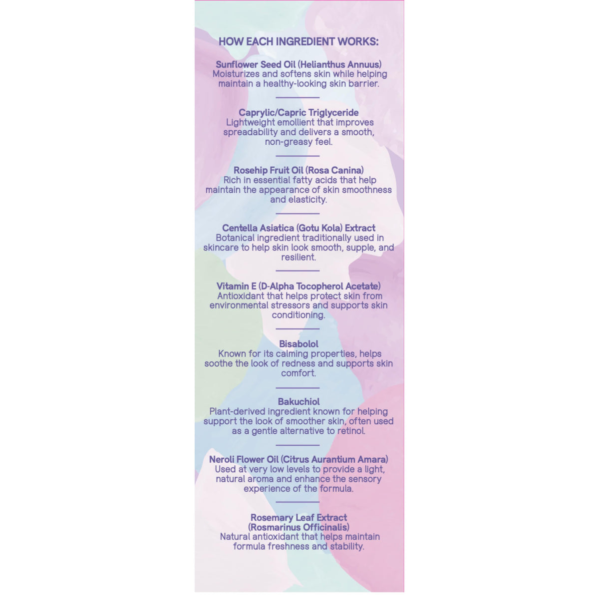 Ovie's Lab back label ingredients list highlighting Centella asiatica and safe formulation