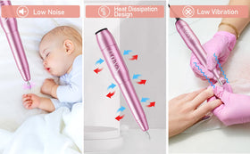 OVX electric nail drill in use during a manicure for faster, precise shaping