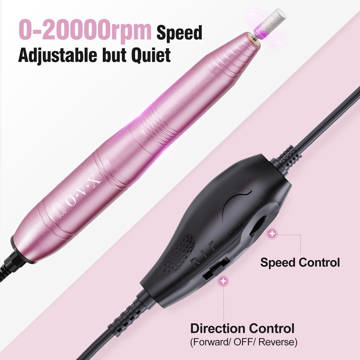 OVX drill in use on a manicure demonstrating precise shaping and low vibration