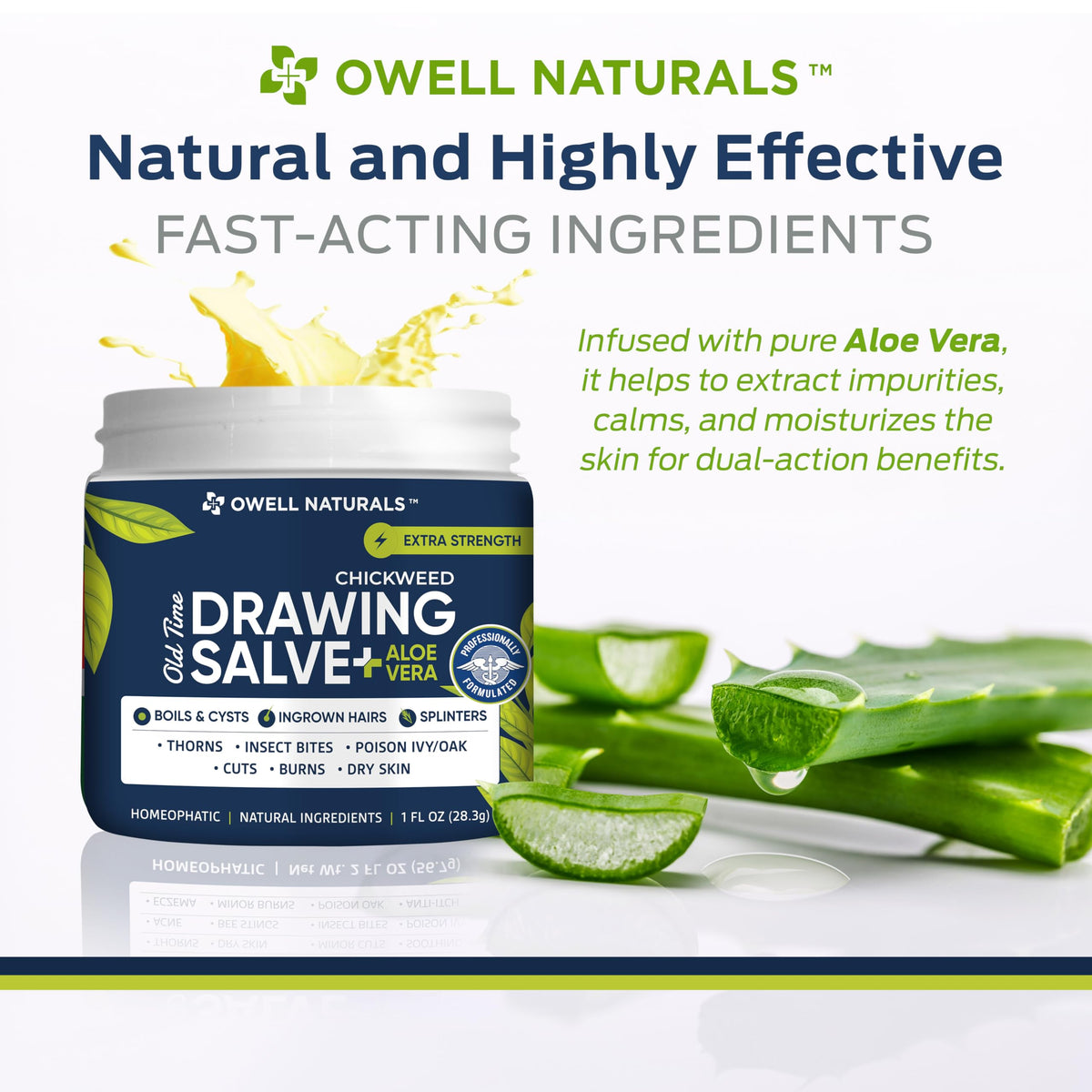 Owell Naturals ingredients display highlighting chickweed aloe and botanical oils benefits